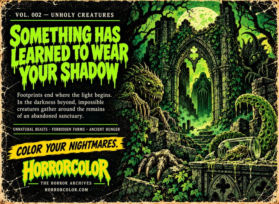 Back cover of Vol. 002, Unholy Creatures. Green dripping headline: "Something has learned to wear your shadow." Text: "Footprints end where the light begins. In the darkness beyond, impossible creatures gather around the remains of an abandoned sanctuary." Taglines: unnatural beasts, forbidden forms, ancient hunger; "Color your nightmares." Artwork: an ivy-covered ruined chapel under a green moon with a hooded figure in the arch, a many-eyed beast on the wall, a clawed hand and tentacles around a broken specimen jar.