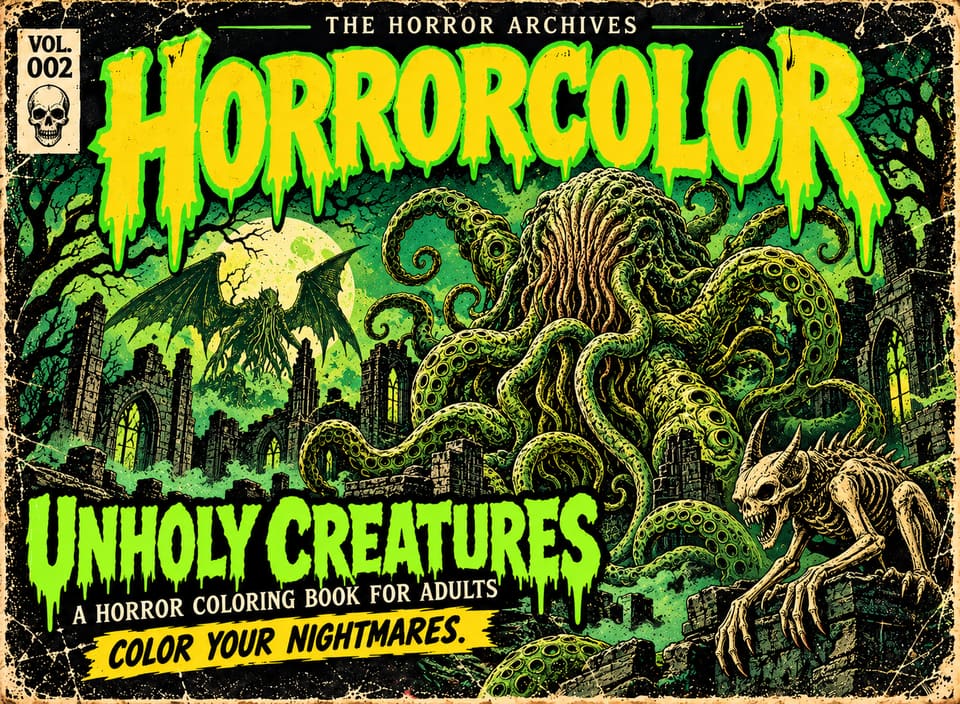 Front cover of THE HORROR ARCHIVES Vol. 002, Unholy Creatures: a huge tentacled creature rising over gothic ruins under a green moon, a winged demon in the sky and a skeletal beast crouching on a wall in the foreground. Lime-green title lettering.