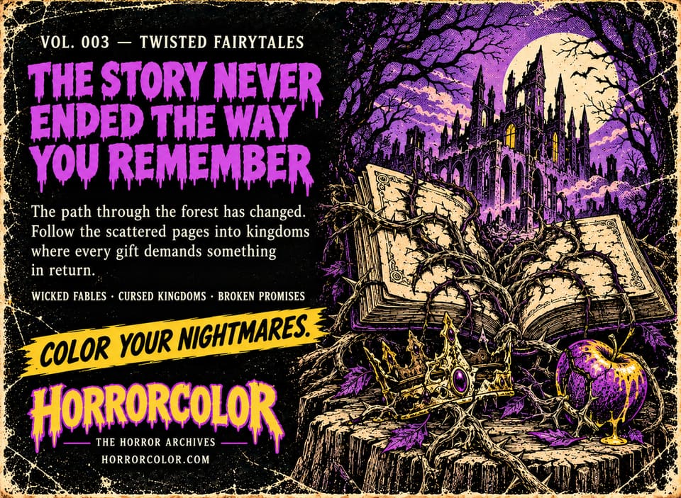Back cover of Vol. 003, Twisted Fairytales. Purple dripping headline: "The story never ended the way you remember." Text: "The path through the forest has changed. Follow the scattered pages into kingdoms where every gift demands something in return." Taglines: wicked fables, cursed kingdoms, broken promises. Artwork: an open storybook wrapped in thorns before a ruined castle under the moon, with a jewelled crown and a dripping poisoned apple on a tree stump.
