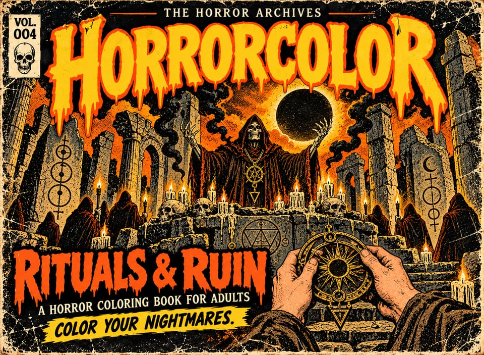 Front cover of THE HORROR ARCHIVES Vol. 004, Rituals & Ruin: a robed skeleton raises its hand before a black eclipsed sun above a candle-lit stone altar with skulls, surrounded by hooded figures and ruined pillars carved with symbols; two hands hold a golden sigil disc in the foreground. Orange title lettering.