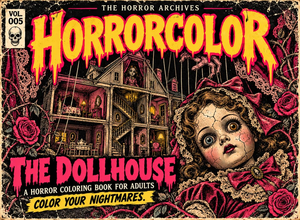 Front cover of THE HORROR ARCHIVES Vol. 005, The Dollhouse: an open Victorian dollhouse with tiny lit rooms and a figure in an upper window, puppet strings hanging from above, and a cracked porcelain doll in a lace bonnet among red roses in the foreground. Pink title lettering.