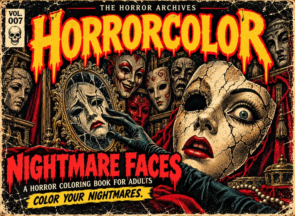 Front cover of THE HORROR ARCHIVES Vol. 007, Nightmare Faces: a wall of theatrical masks above a cracked hand mirror held by a black-gloved hand, and a huge cracked porcelain mask with one staring eye and red lips in the foreground. Red title lettering.