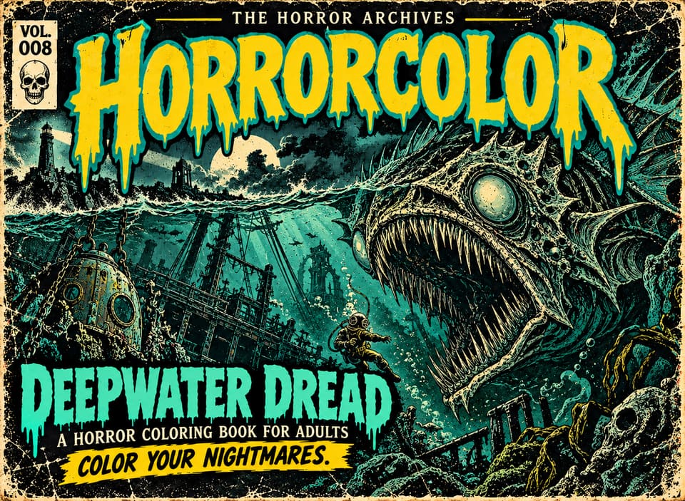 Front cover of THE HORROR ARCHIVES Vol. 008, Deepwater Dread: a giant fanged deep-sea fish looms over a diver in an old brass diving suit near a sunken ship and skulls on the seabed, with a lighthouse on the shore above the waterline. Aqua title lettering.