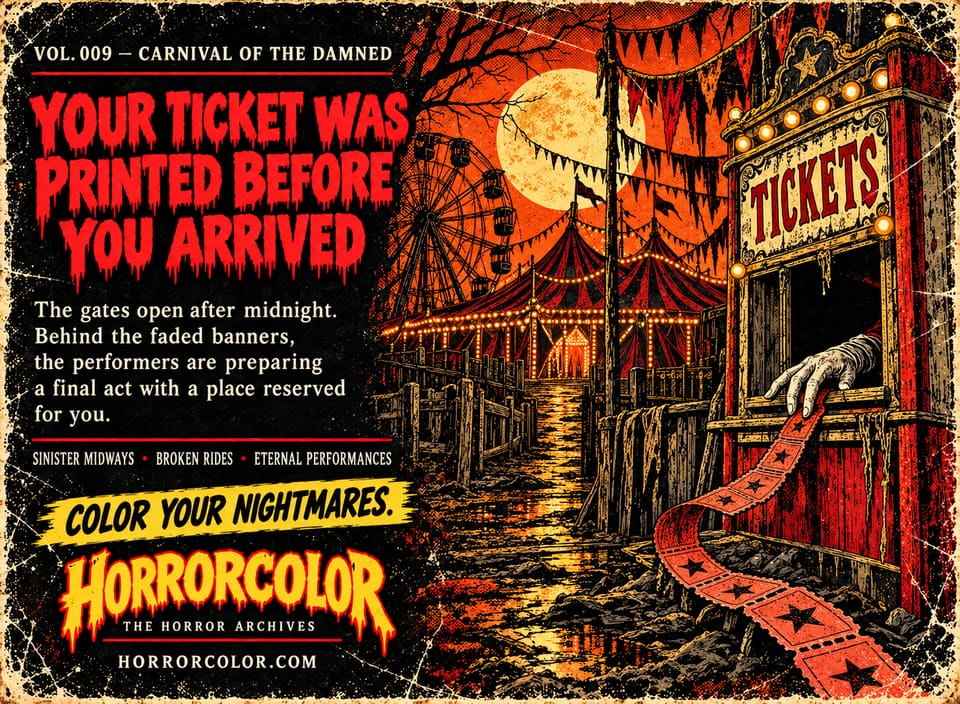 Back cover of Vol. 009, Carnival of the Damned. Red dripping headline: "Your ticket was printed before you arrived." Text: "The gates open after midnight. Behind the faded banners, the performers are preparing a final act with a place reserved for you." Taglines: sinister midways, broken rides, eternal performances. Artwork: a skeletal hand feeding a long strip of tickets from a lit ticket booth, with a striped big top, a Ferris wheel and a muddy midway under an orange moon.