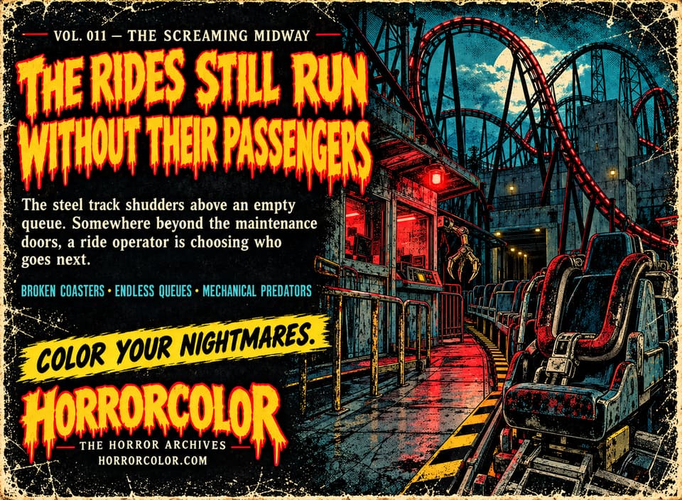 Back cover of Vol. 011, The Screaming Midway. Yellow dripping headline: "The rides still run without their passengers." Text: "The steel track shudders above an empty queue. Somewhere beyond the maintenance doors, a ride operator is choosing who goes next." Taglines: broken coasters, endless queues, mechanical predators. Artwork: an empty, blood-stained roller-coaster train at a red-lit loading platform beneath looping coaster tracks and a full moon.