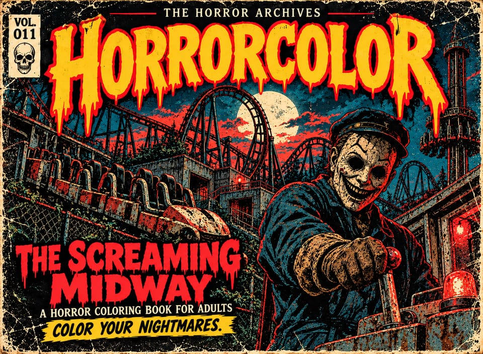 Front cover of THE HORROR ARCHIVES Vol. 011, The Screaming Midway: a grinning masked ride operator in a cap pulls a lever beside a red warning light, with derelict roller-coaster cars, twisting coaster tracks and a drop tower under a full moon behind him. Red title lettering.