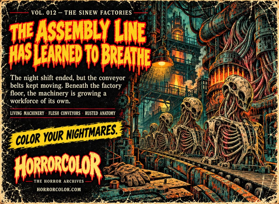 Back cover of Vol. 012, The Sinew Factories. Yellow dripping headline: "The assembly line has learned to breathe." Text: "The night shift ended, but the conveyor belts kept moving. Beneath the factory floor, the machinery is growing a workforce of its own." Taglines: living machinery, flesh conveyors, rusted anatomy. Artwork: a row of half-built skeletal bodies laced with red sinew riding a rusted conveyor belt past furnaces and pipes, with a pair of abandoned work gloves in front.