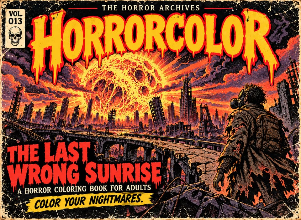 Front cover of THE HORROR ARCHIVES Vol. 013, The Last Wrong Sunrise: a vast veined, organic sun rises over a ruined city skyline and a broken bridge, watched by a lone survivor in a gas mask and ragged coat. Red title lettering on a burning orange sky.